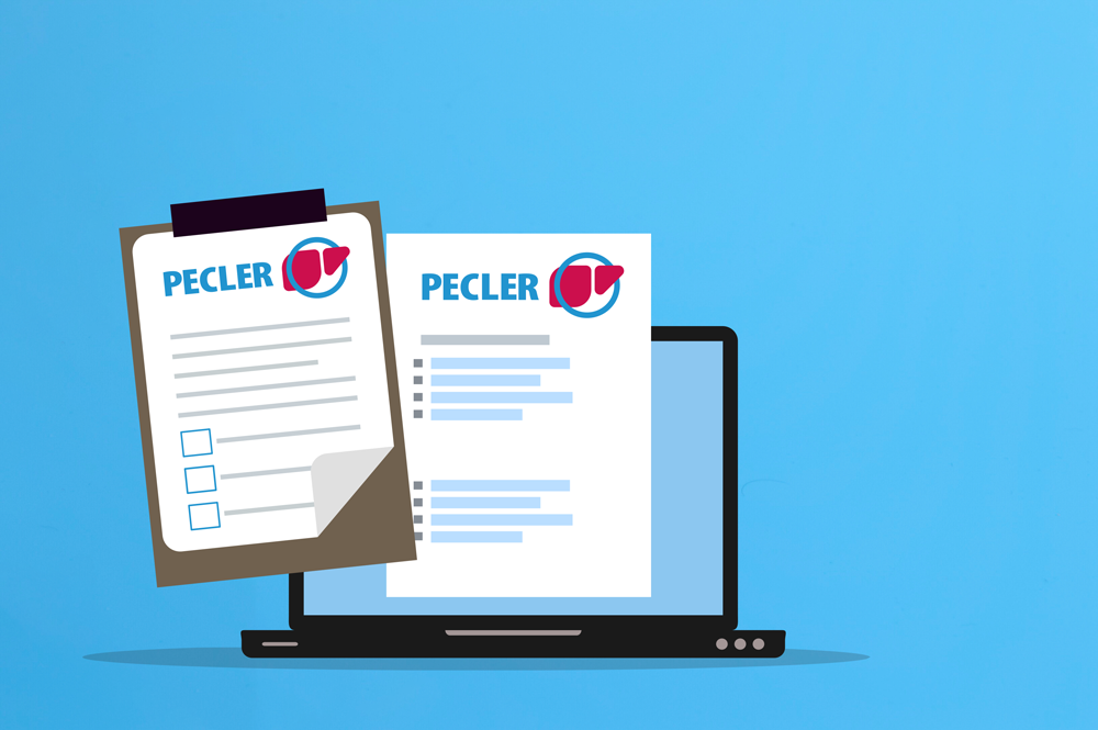 Symbolbild PECLER mit Laptop-Online-Umfrage und Fragebogen auf Clip-Board